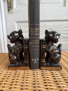 Vintage 50's Redware Pottery Spooky Cats Bookends Pen Holder Kitschy